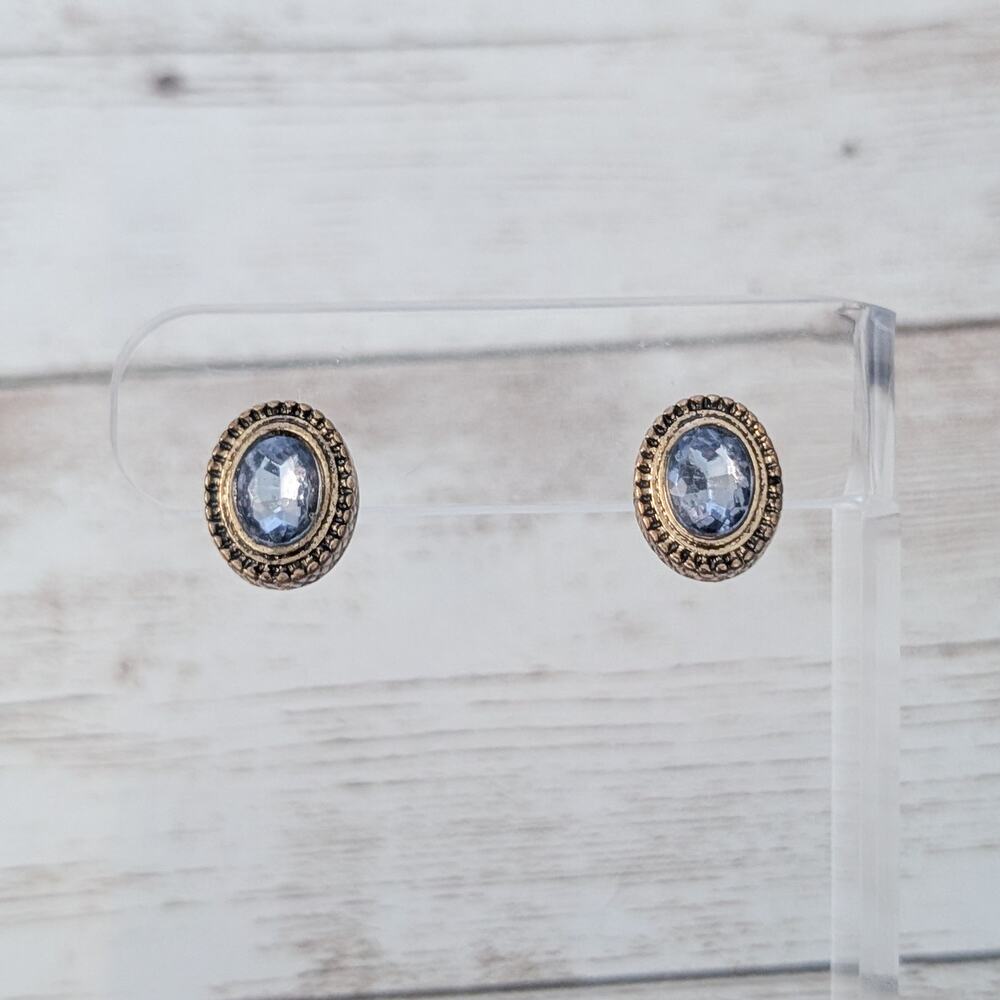 Vintage Stud Earrings Oval with Blue Center 0.5"
